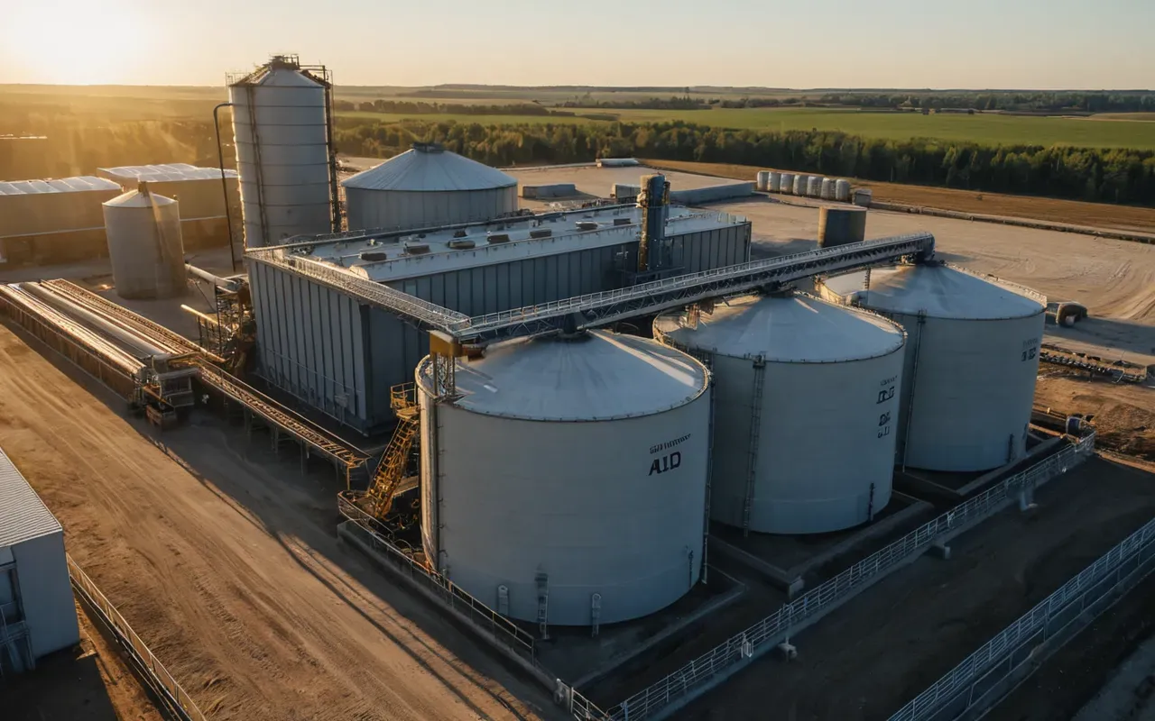 concrete production efficiency A wide shot of a modern concrete batching plant facility with large storage silos and mixing drums. The scene is captured during golden hour with long shadows across the industrial yard.