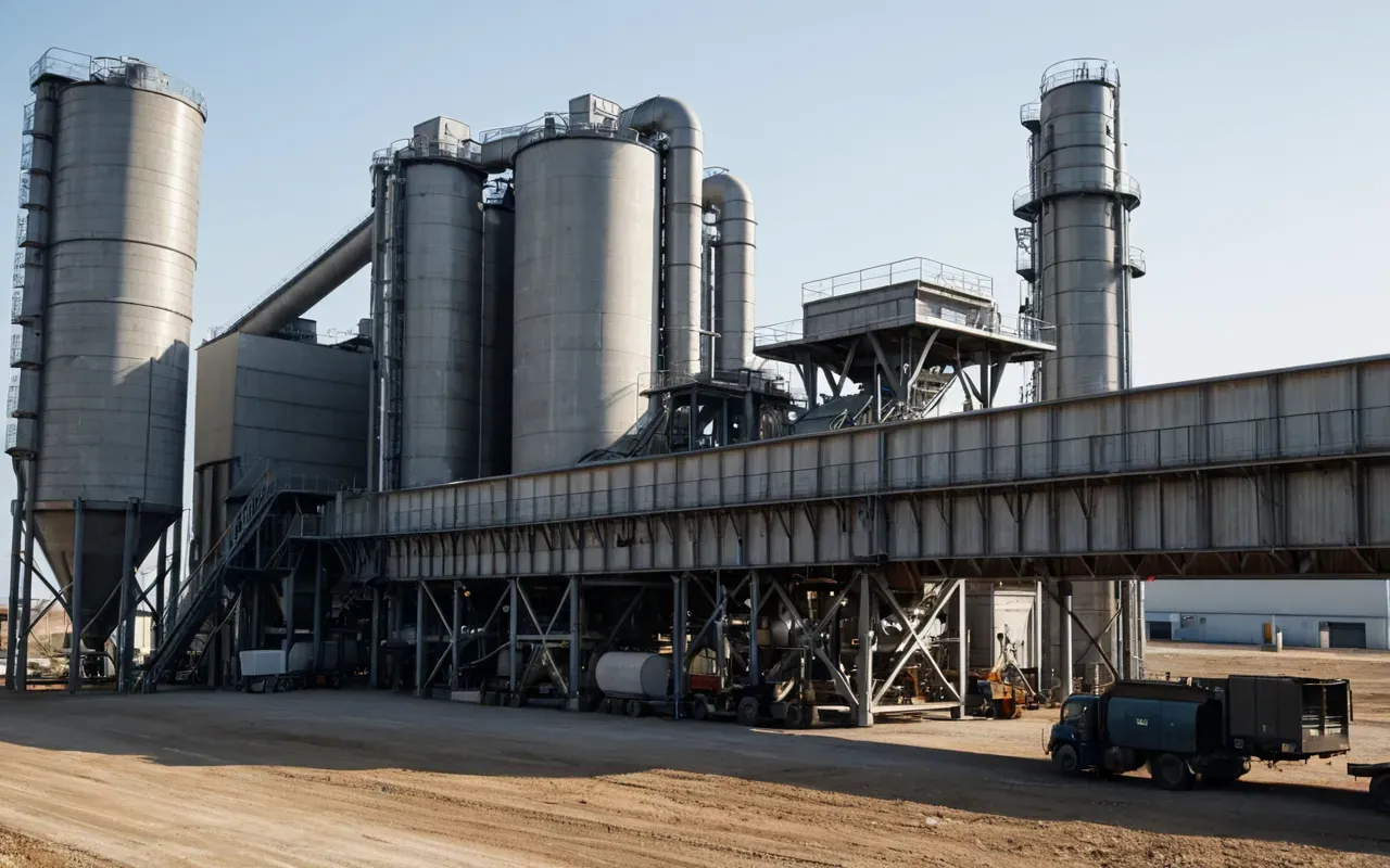 A wide shot of a modern industrial concrete batching plant with clean steel structures and large hoppers under bright daylight, emphasizing the scale and engineering precision without any visible text or branding.