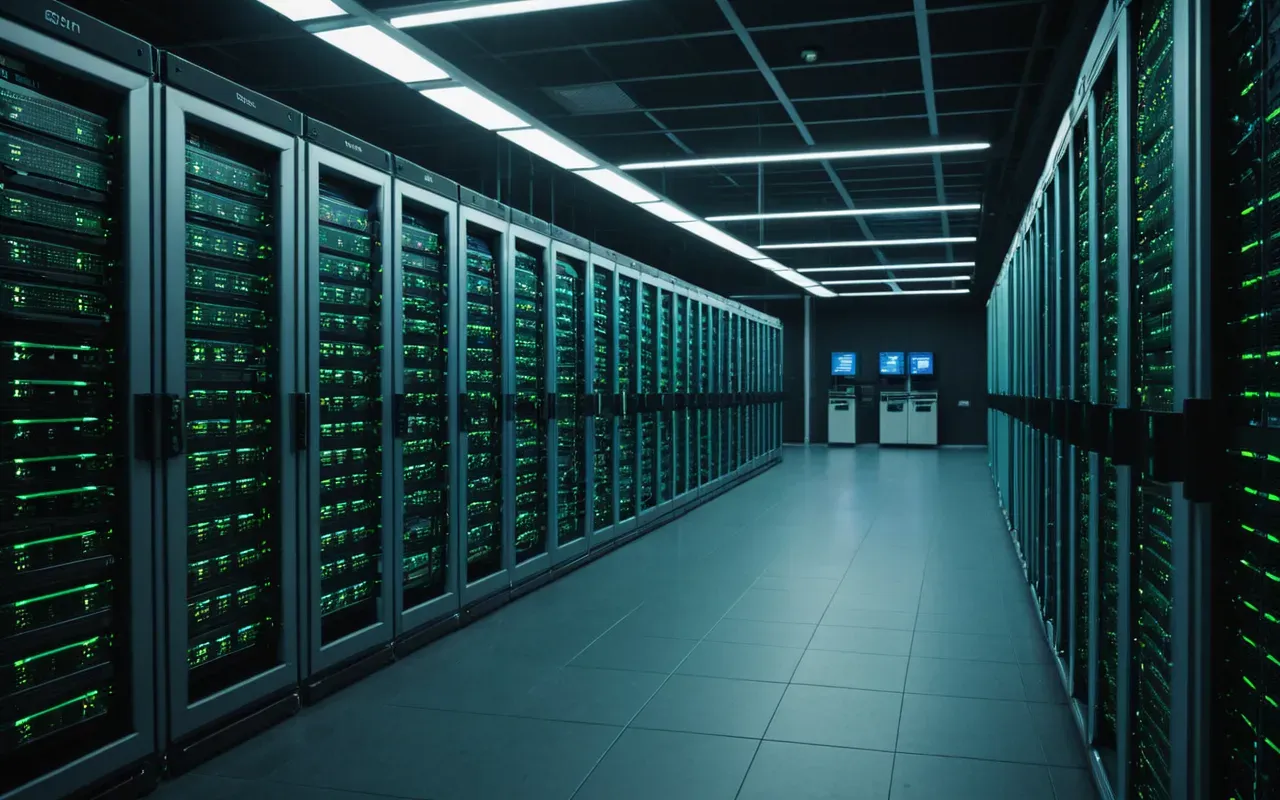 A wide shot of a modern telecommunications facility with rows of server racks and fiber optic cables glowing in blue and green light representing high-speed data transmission infrastructure.