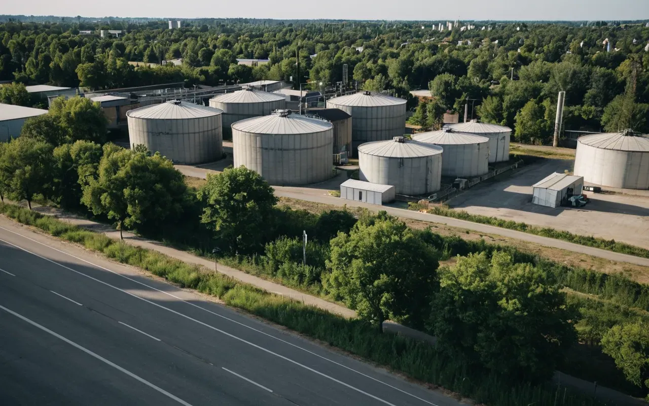 suburban industrial border A wide shot of a suburban neighborhood bordering an industrial zone with concrete storage silos. Trees line the boundary between residential and commercial areas under a clear blue sky.