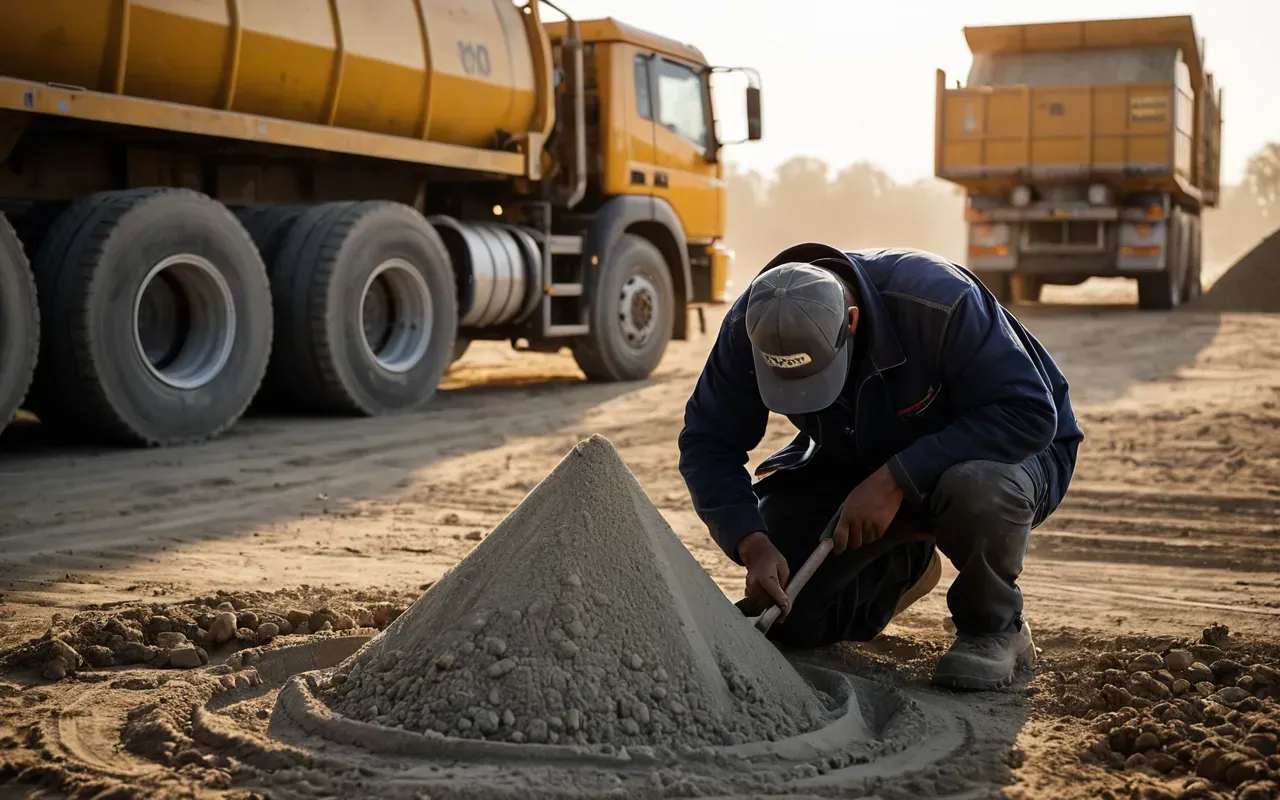 A worker checking a slump cone next to a large ready mix truck on a dusty construction site at dawn with warm sunlight highlighting the concrete texture and tools.
