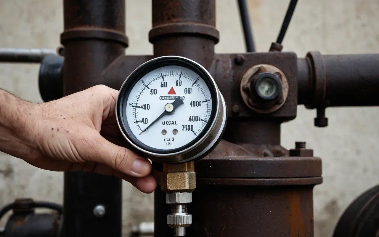 Close up of a hand checking a pressure gauge on an industrial pump with visible rust spots and wear marks