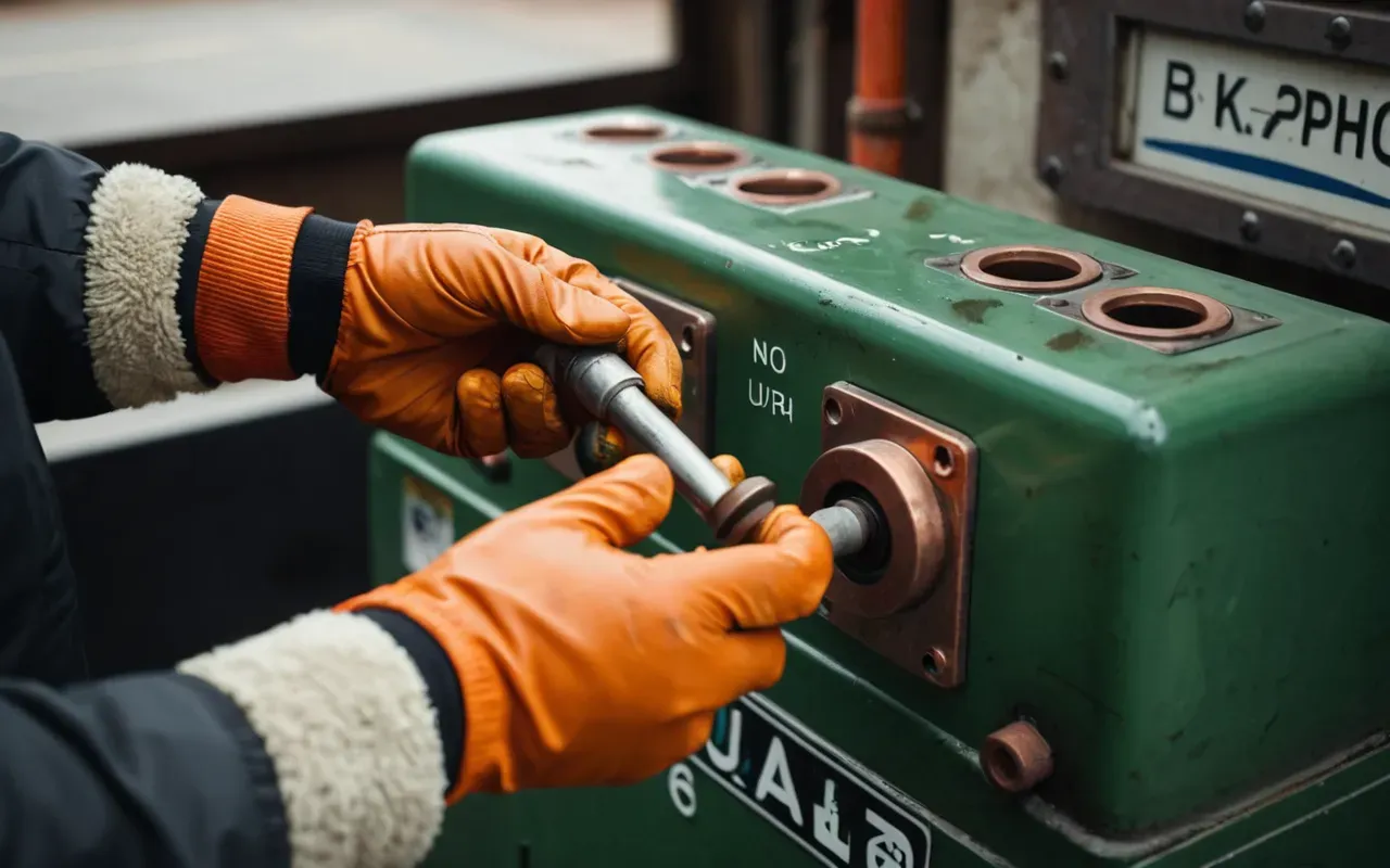 battery maintenance cleaning Close up of a heavy duty battery terminal with clean copper connections and green corrosion being wiped away by a gloved hand.