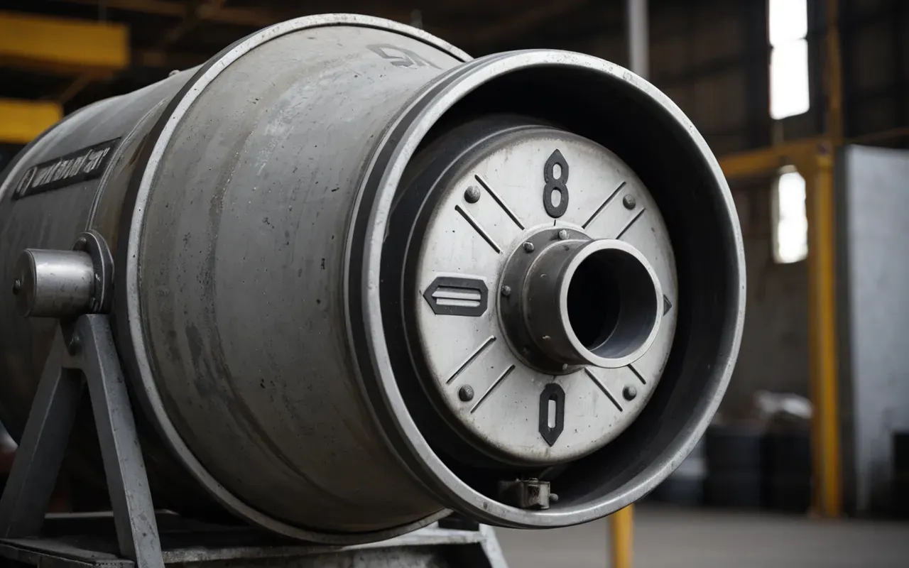 Close-up of a modern concrete mixer drum with smooth metal surface and visible mechanical parts in industrial lighting