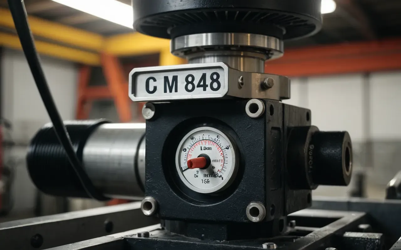 Close-up of a pneumatic valve assembly on an industrial machine with visible fine dust accumulation on the metal surfaces under warm artificial workshop lighting