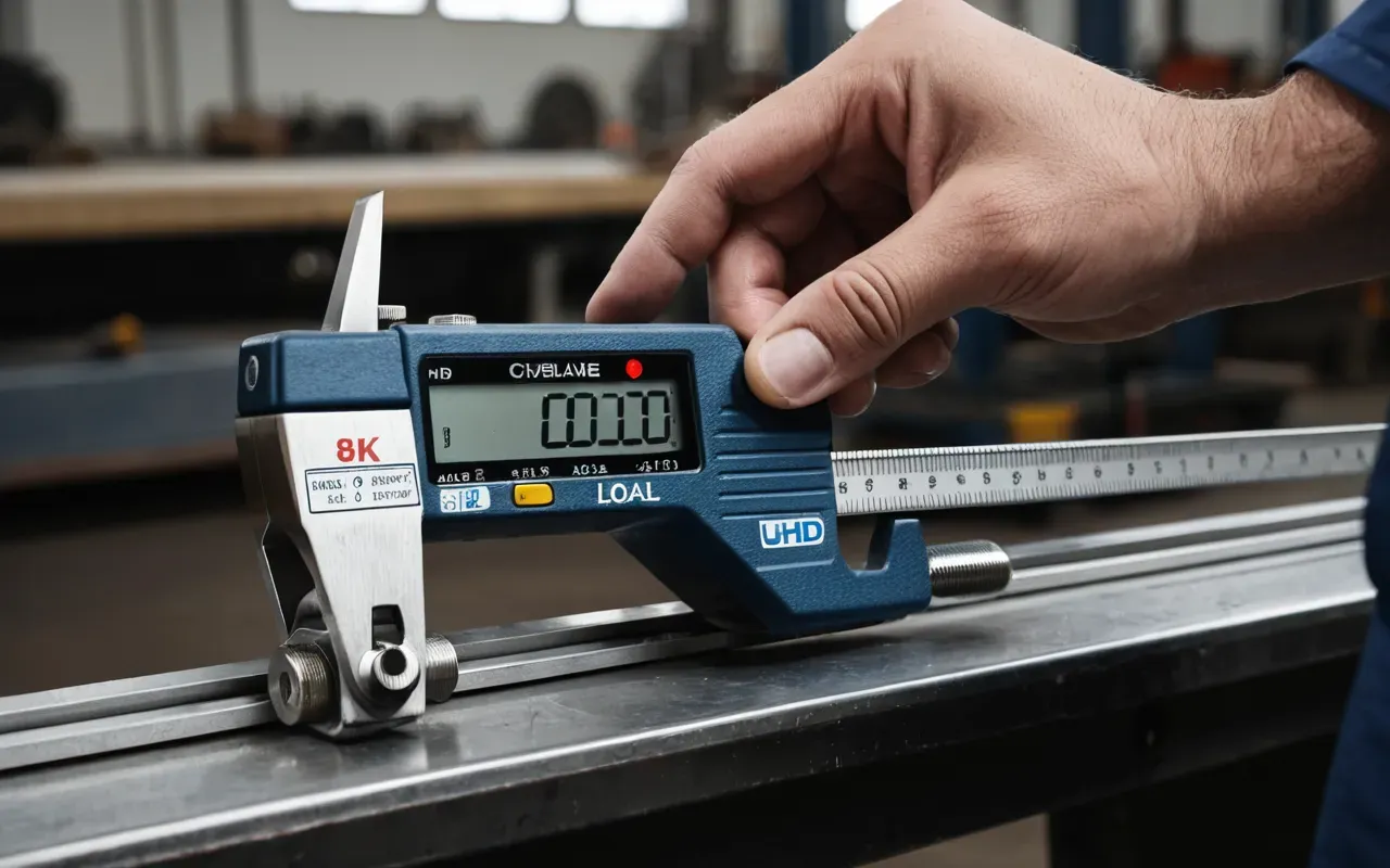 Close-up of a technician using a handheld digital caliper to measure the thickness of a steel load cell bracket in an industrial workshop setting with soft overhead lighting