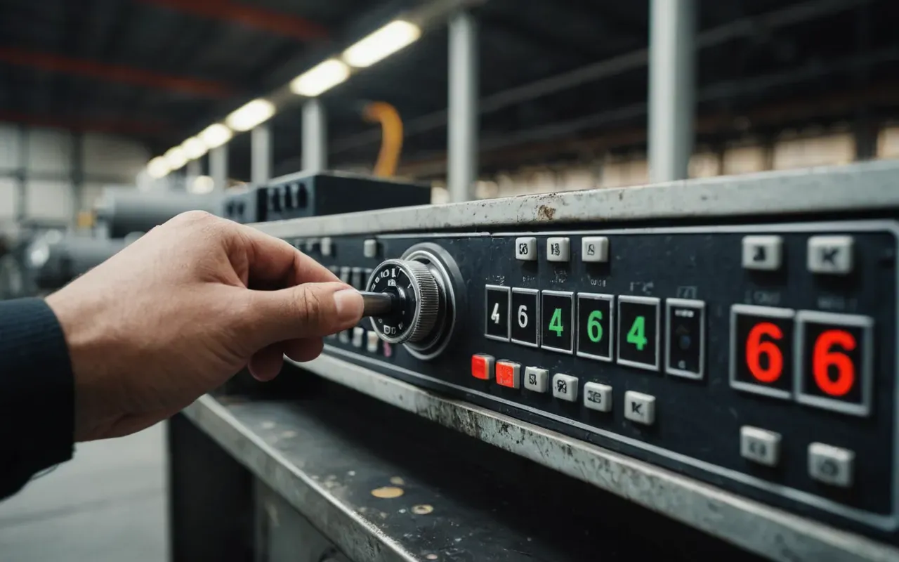 Close up of a weathered hand gripping a control lever inside an industrial facility with soft ambient lighting and blurred machinery in the background