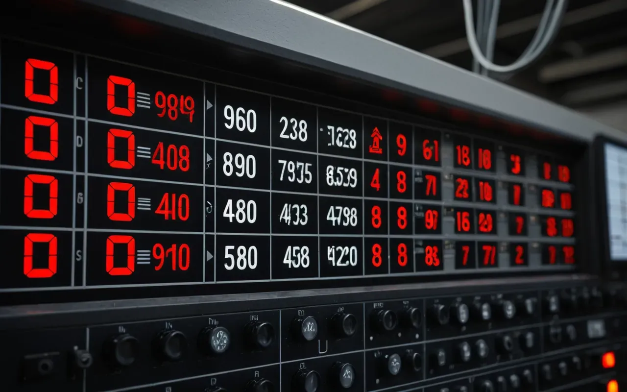 Close up of industrial digital display panel with fluctuating red warning lights and complex wiring inside a control room, high contrast lighting