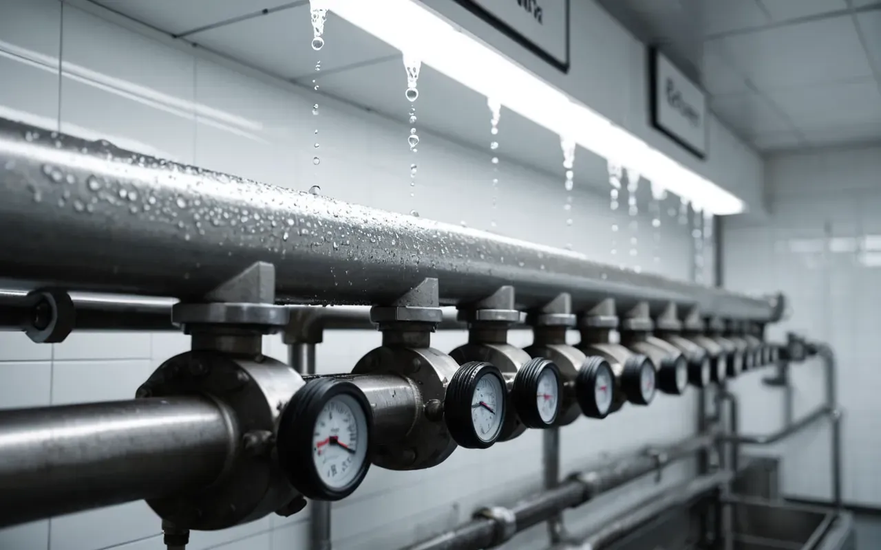 Close up of industrial pipes and valves with condensation droplets on metal surfaces under cool white lighting in a clean utility room