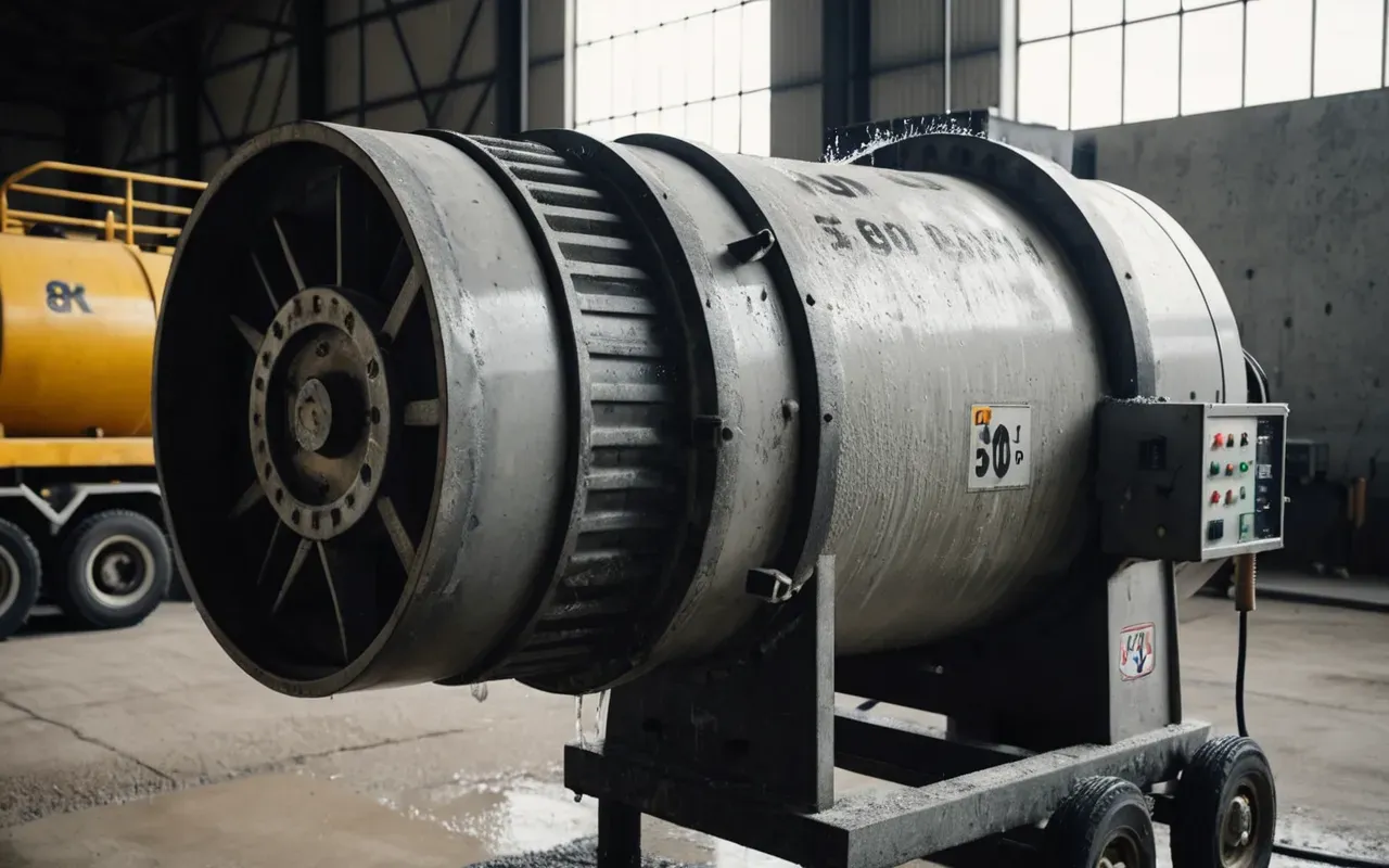 Close up view of a concrete mixer drum with water spraying to control dust. The machinery is clean and well maintained in an industrial setting.
