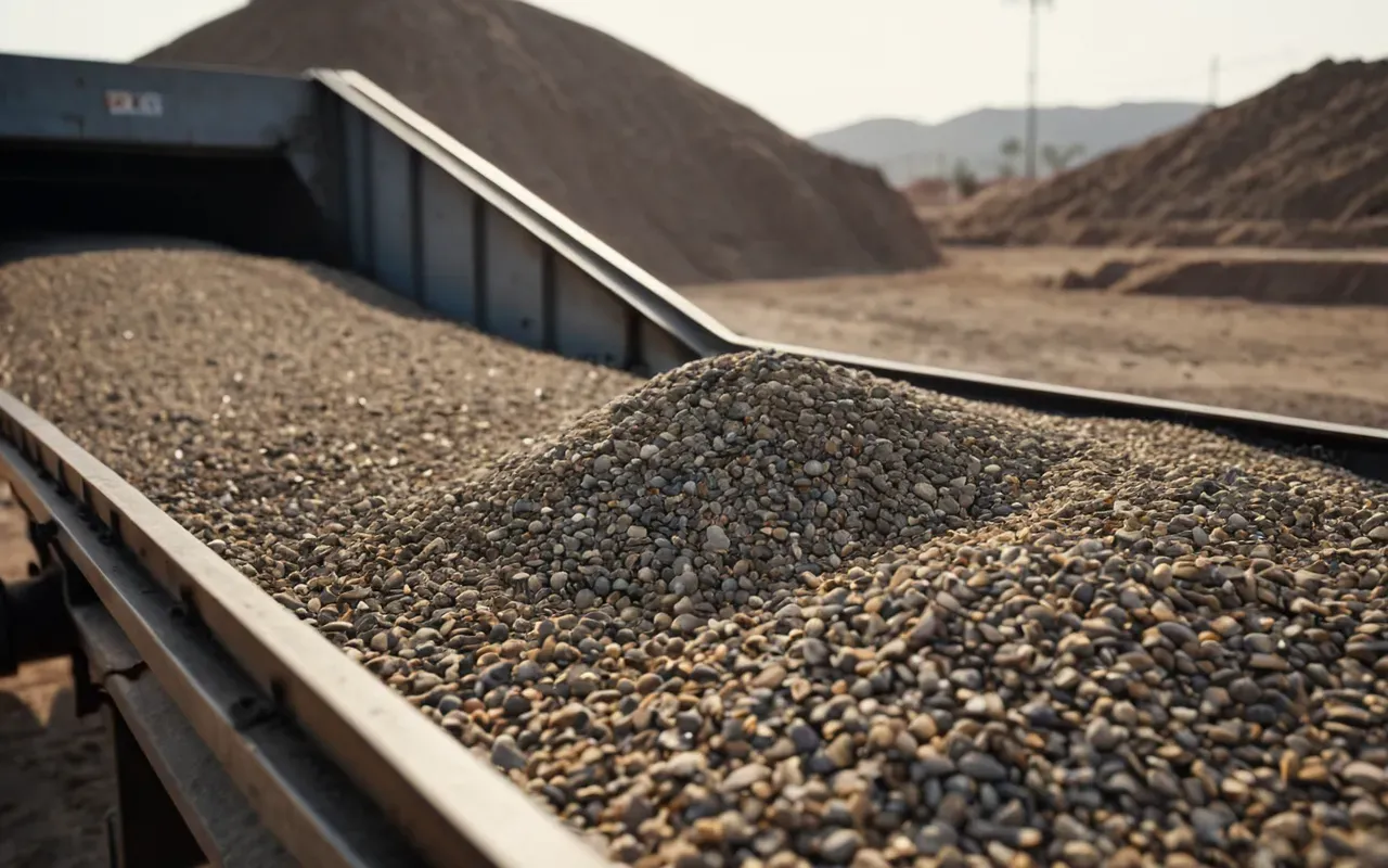 Close up view of a heavy duty industrial belt conveyor transporting mixed gravel and sand in a dusty environment with warm lighting highlighting the texture of the stones