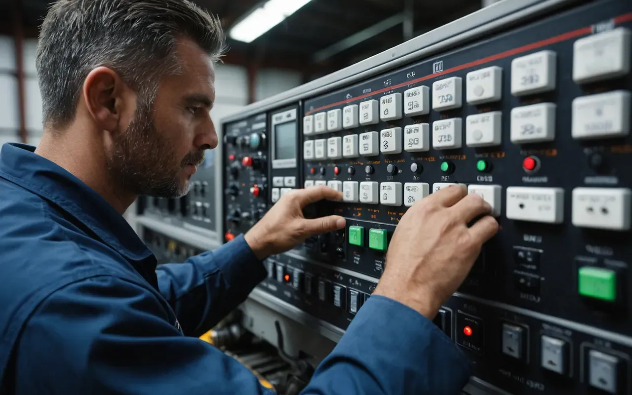 Close-up view of a technician inspecting digital control panels and hydraulic lines on heavy industrial machinery with focused lighting highlighting the complexity of wiring and metal components in detail.