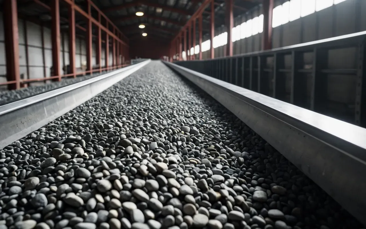 belt conveyors Close up view of industrial belt conveyors carrying grey gravel stones in a clean modern facility with bright overhead lighting and metallic surfaces