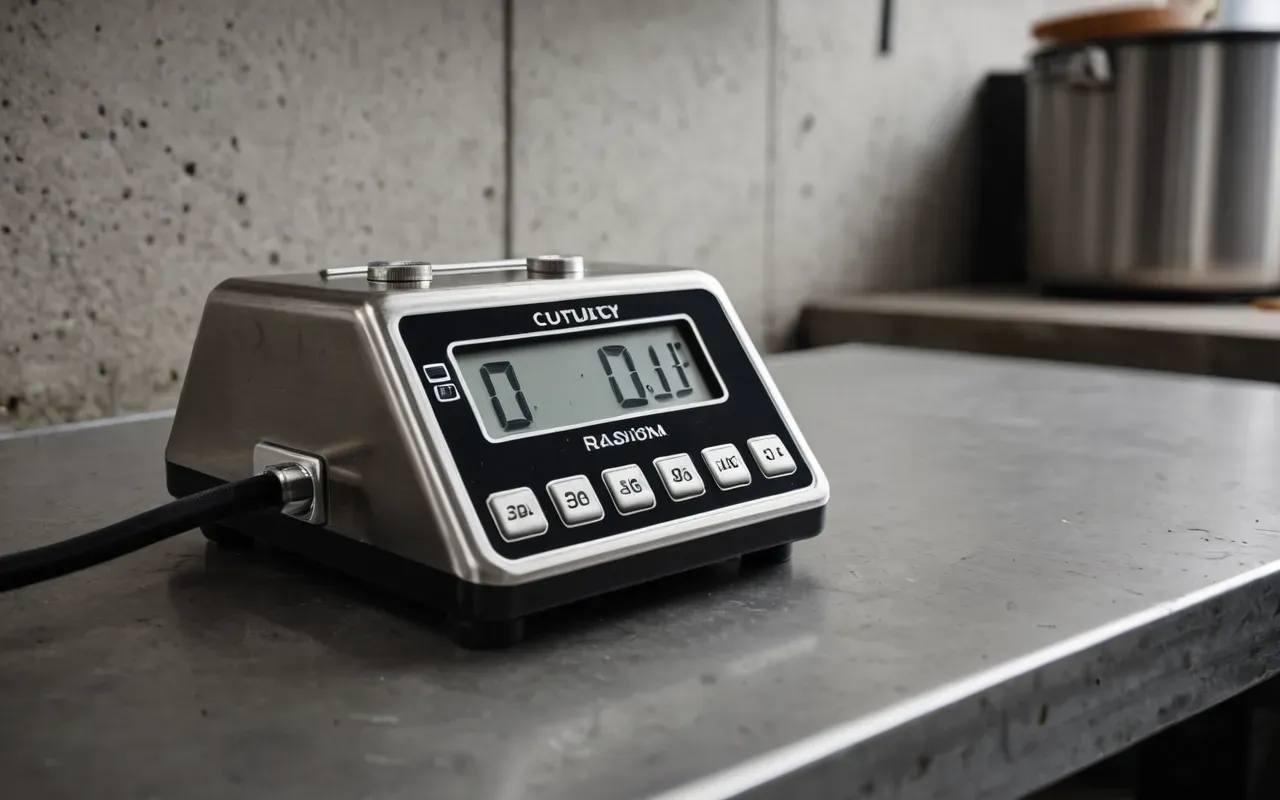 Editorial still life of a stainless steel calibrated reference weight on a clean concrete workbench with soft diffused lighting and shallow depth of field highlighting the polished metal surface