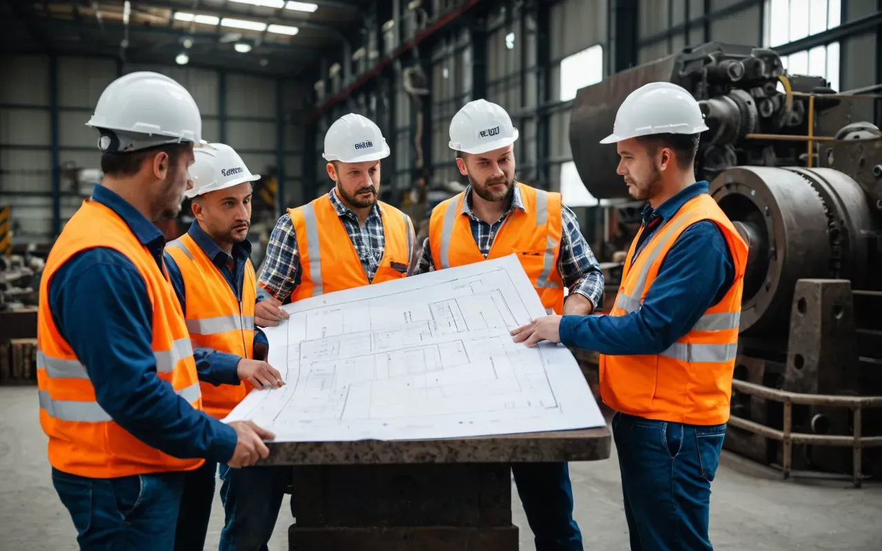 Group of industrial workers in safety vests discussing technical details around a large piece of machinery with blueprints visible on table