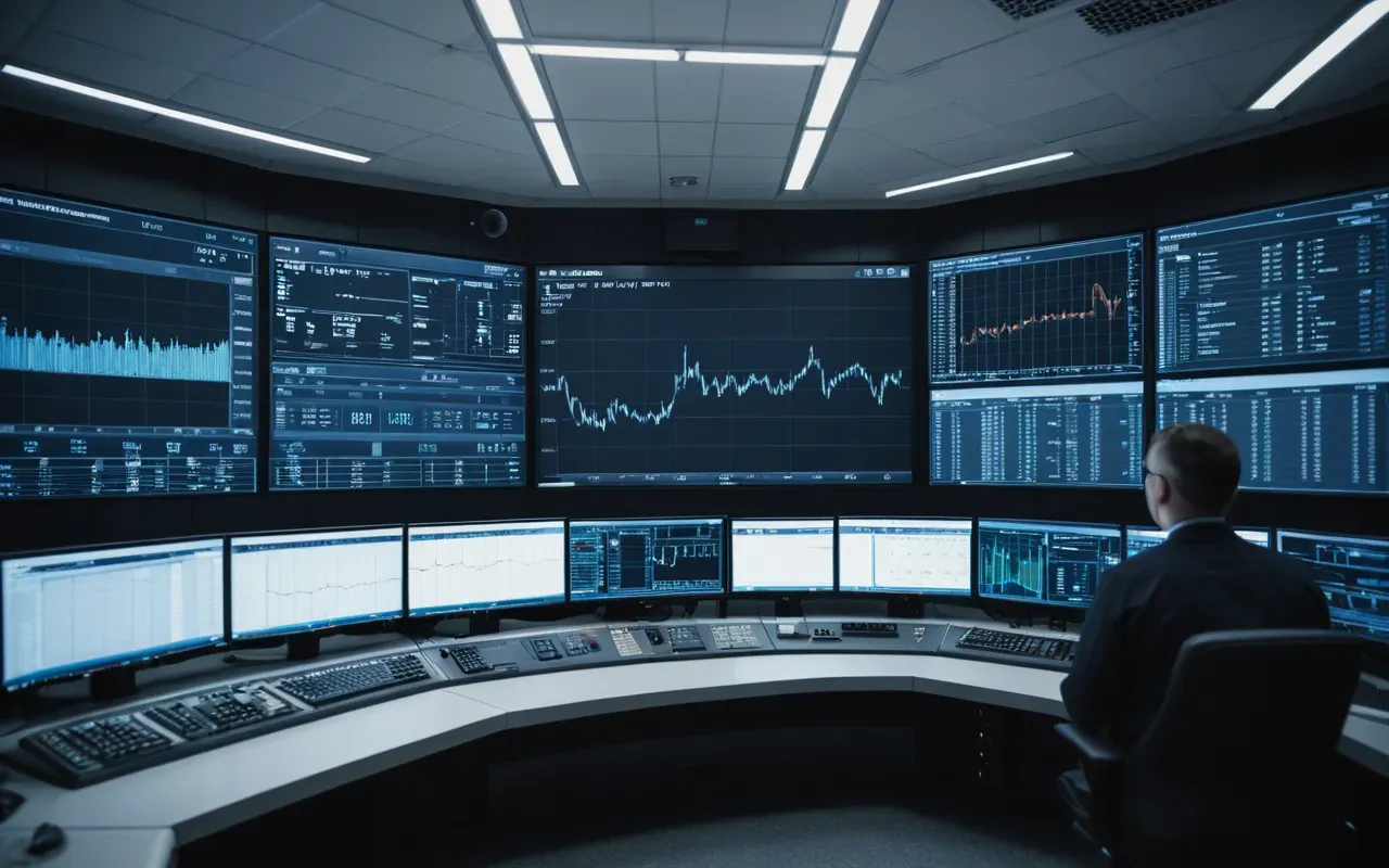 Interior view of a modern control room with large digital screens displaying operational data and graphs in soft blue light while engineers monitor equipment status from ergonomic chairs.
