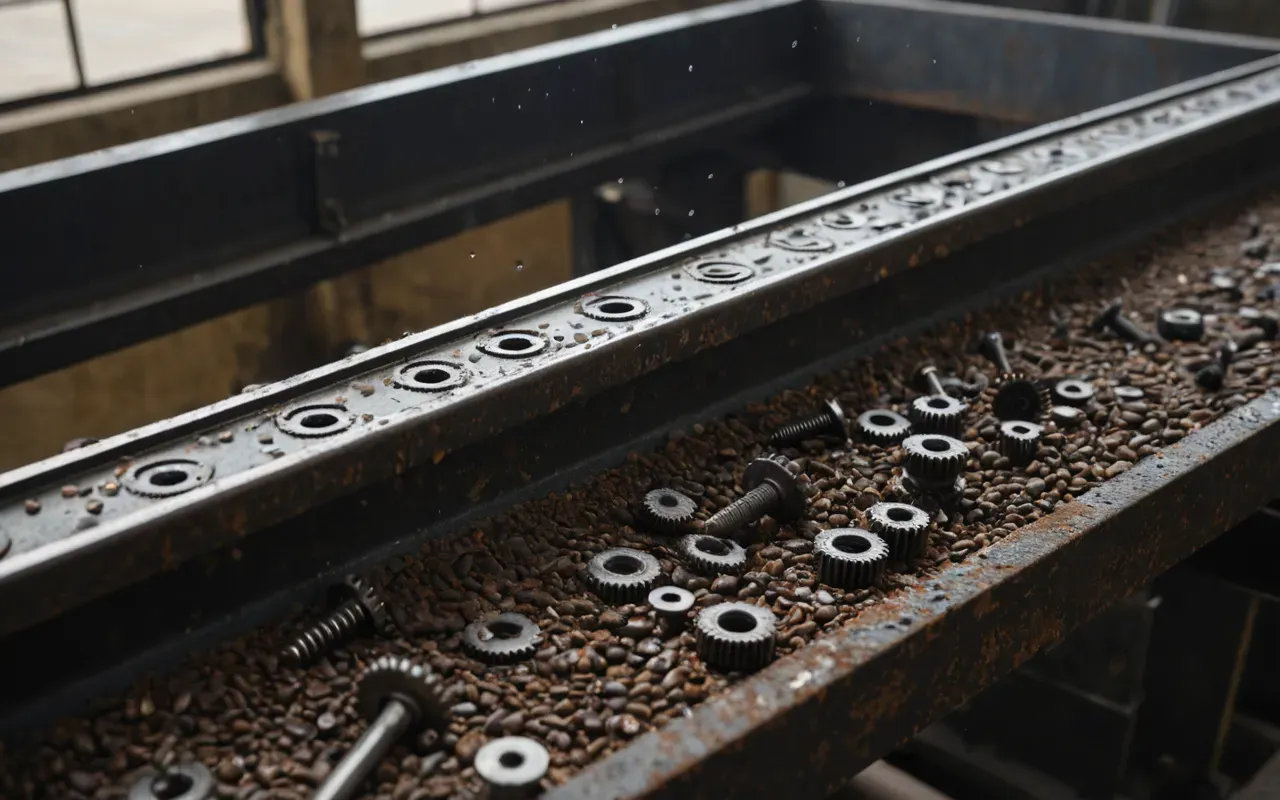 Macro shot of rusted metal screws and gears on an industrial conveyor belt with water droplets and dust accumulation