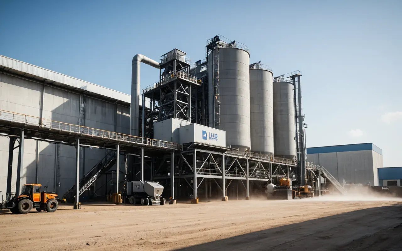 dust suppression system Modern concrete batching plant exterior with water misting systems active around the loading area to suppress dust particles under bright daylight conditions.