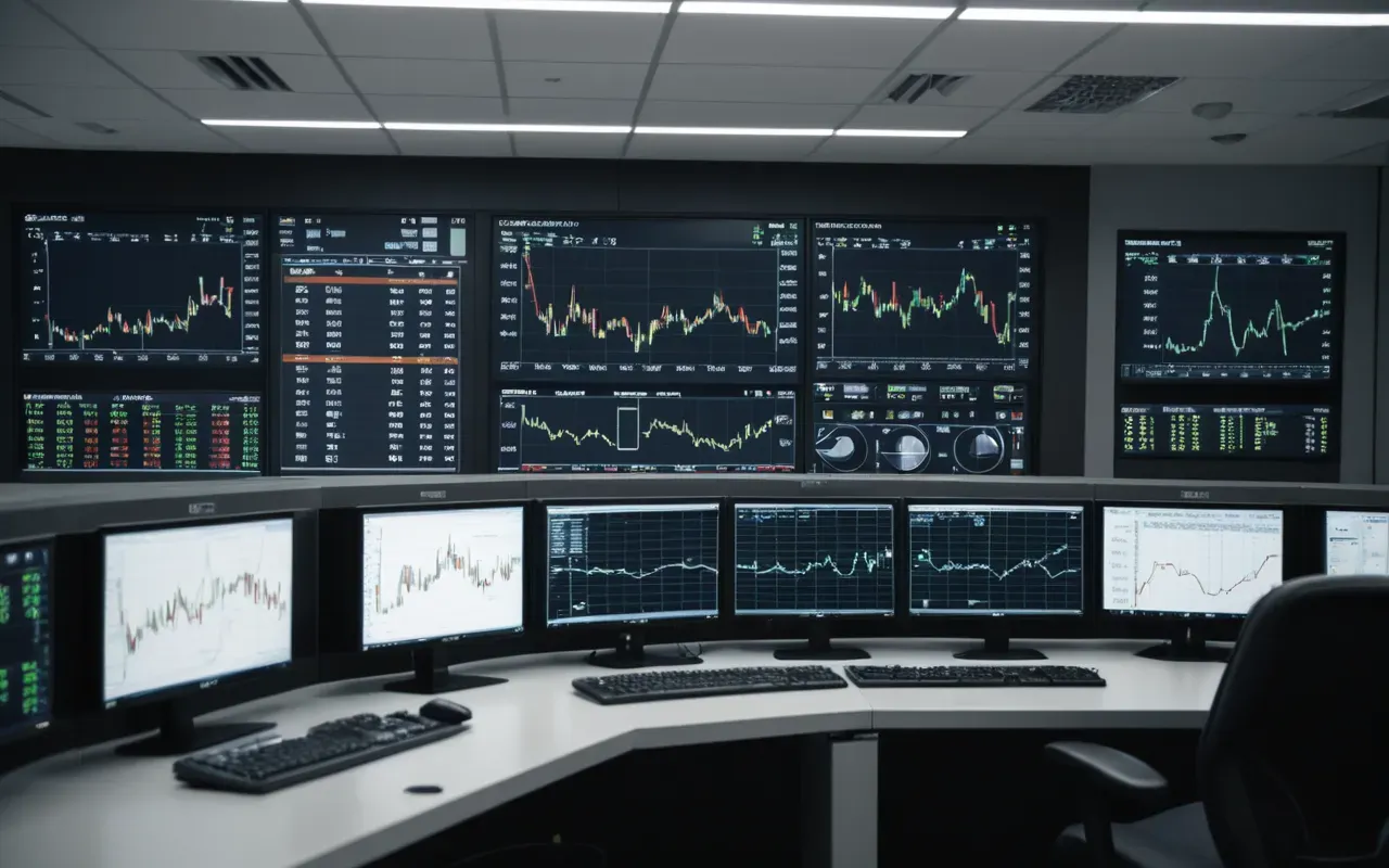 Modern industrial control room with large monitors displaying data charts and technical schematics in a clean environment