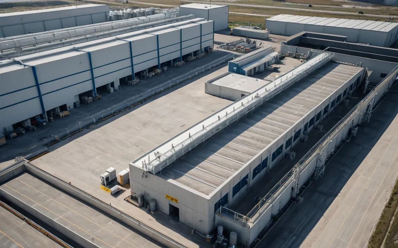 Overhead view of a modern concrete production facility with organized material storage areas and clean pathways under bright daylight showing industrial order and precision layout