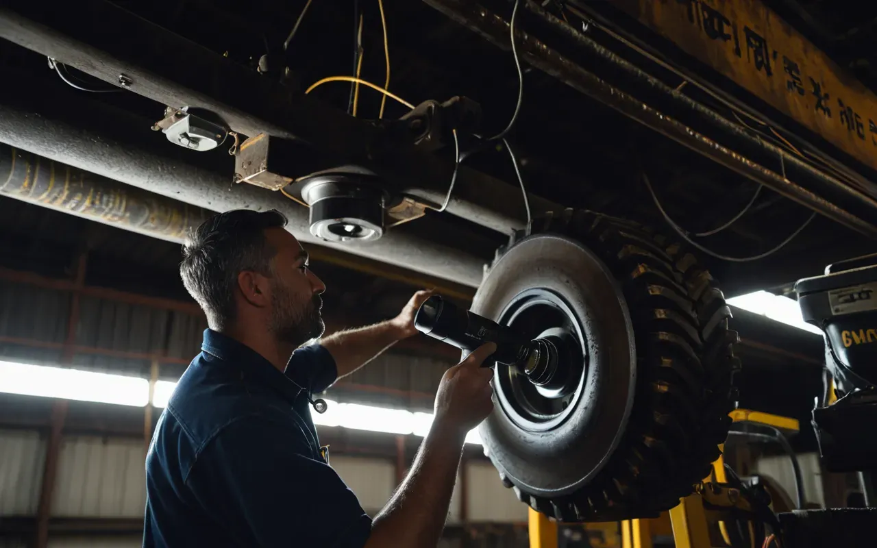 Photograph of a mechanic inspecting the underside of heavy industrial equipment with a flashlight in a dimly lit workshop revealing grease and metal components close up