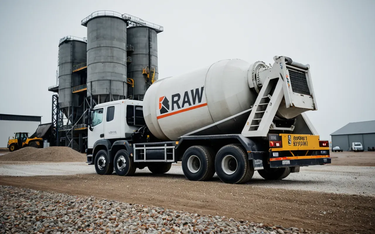 Side profile of a large mobile concrete mixing unit parked on a gravel lot with heavy machinery in the background under an overcast sky showing industrial scale and rugged design