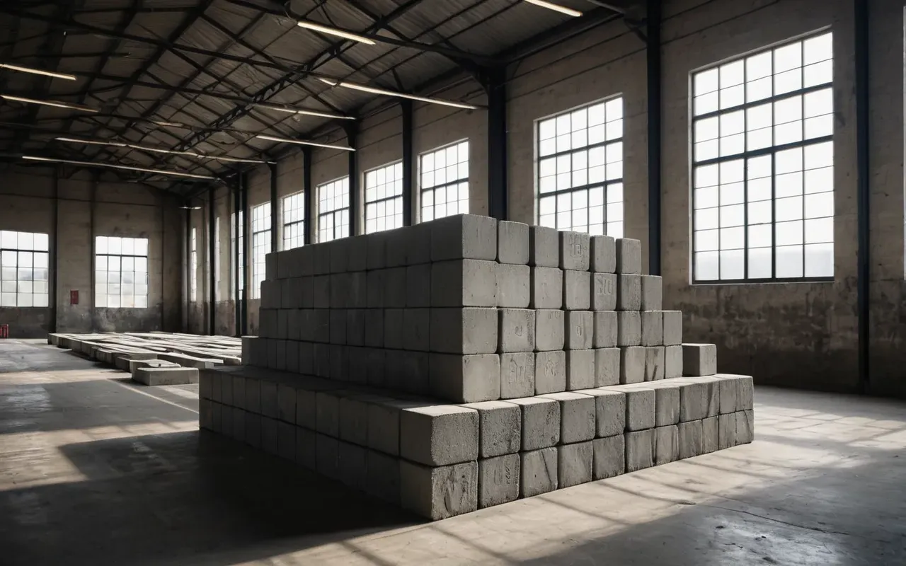 Stacks of concrete blocks neatly arranged in a warehouse with bright natural light streaming through high windows and shadows on floor
