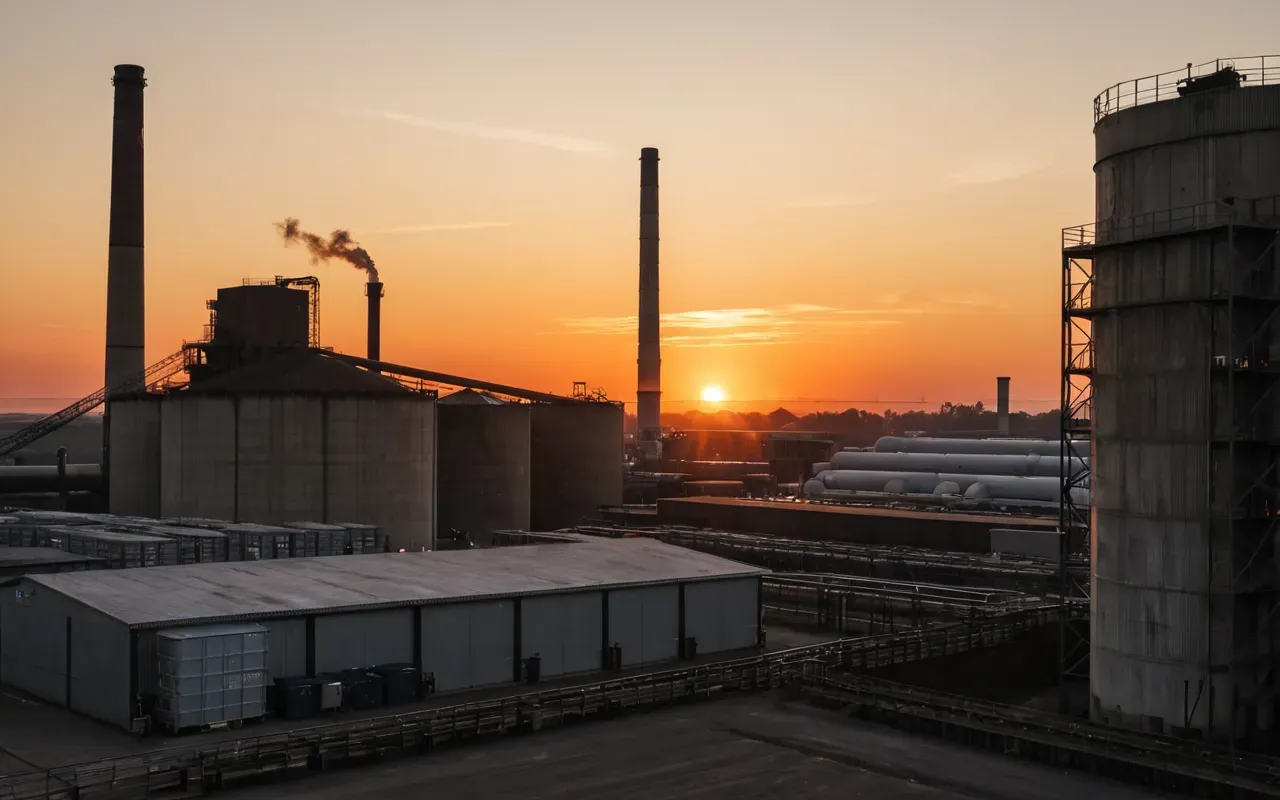 Sunset view over a large industrial concrete plant with smokestacks and storage bins silhouetted against orange sky