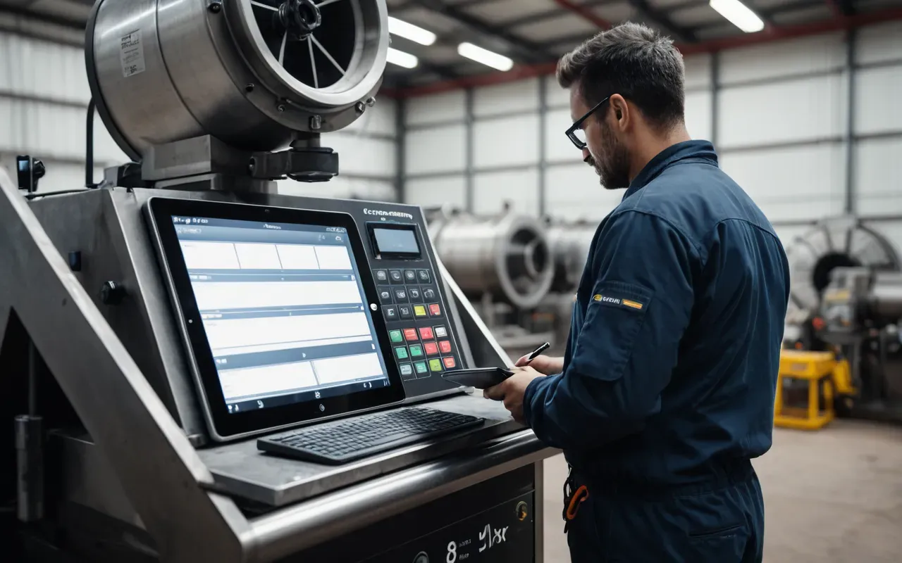 Technician using digital tablet to inspect a large industrial mixing machine in a well lit workshop with safety gear worn