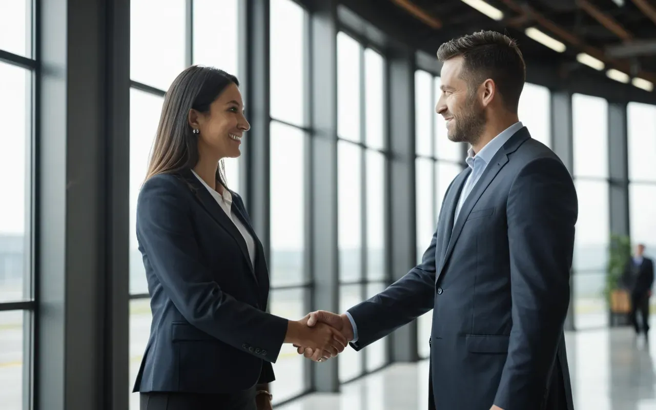 business partnership agreement Two corporate executives standing in a modern industrial lobby shaking hands with bright natural light streaming through large glass windows behind them