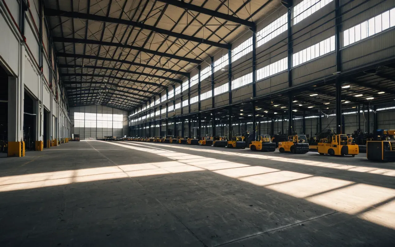 Wide angle view of a large industrial warehouse interior with rows of machinery and soft diffused lighting from high windows creating long shadows