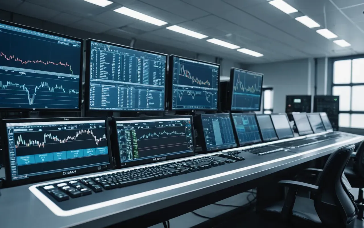 Wide editorial shot of a modern industrial control room with multiple large monitors displaying real-time production data in soft blue and white light, clean minimal interior design