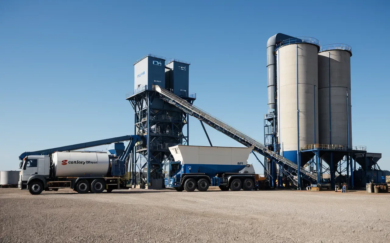 mobile concrete plant Wide shot of a large mobile concrete batching plant parked on a flat gravel yard under a clear blue sky with industrial equipment in the background