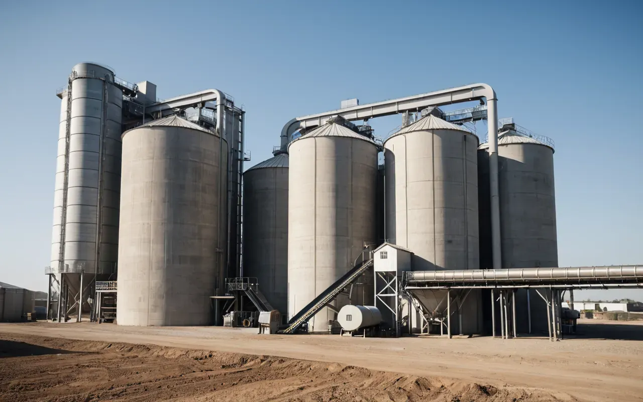 Wide shot of a modern concrete batching plant exterior with large cylindrical silos and conveyor belts under bright midday sun, dusty air visible in the light rays