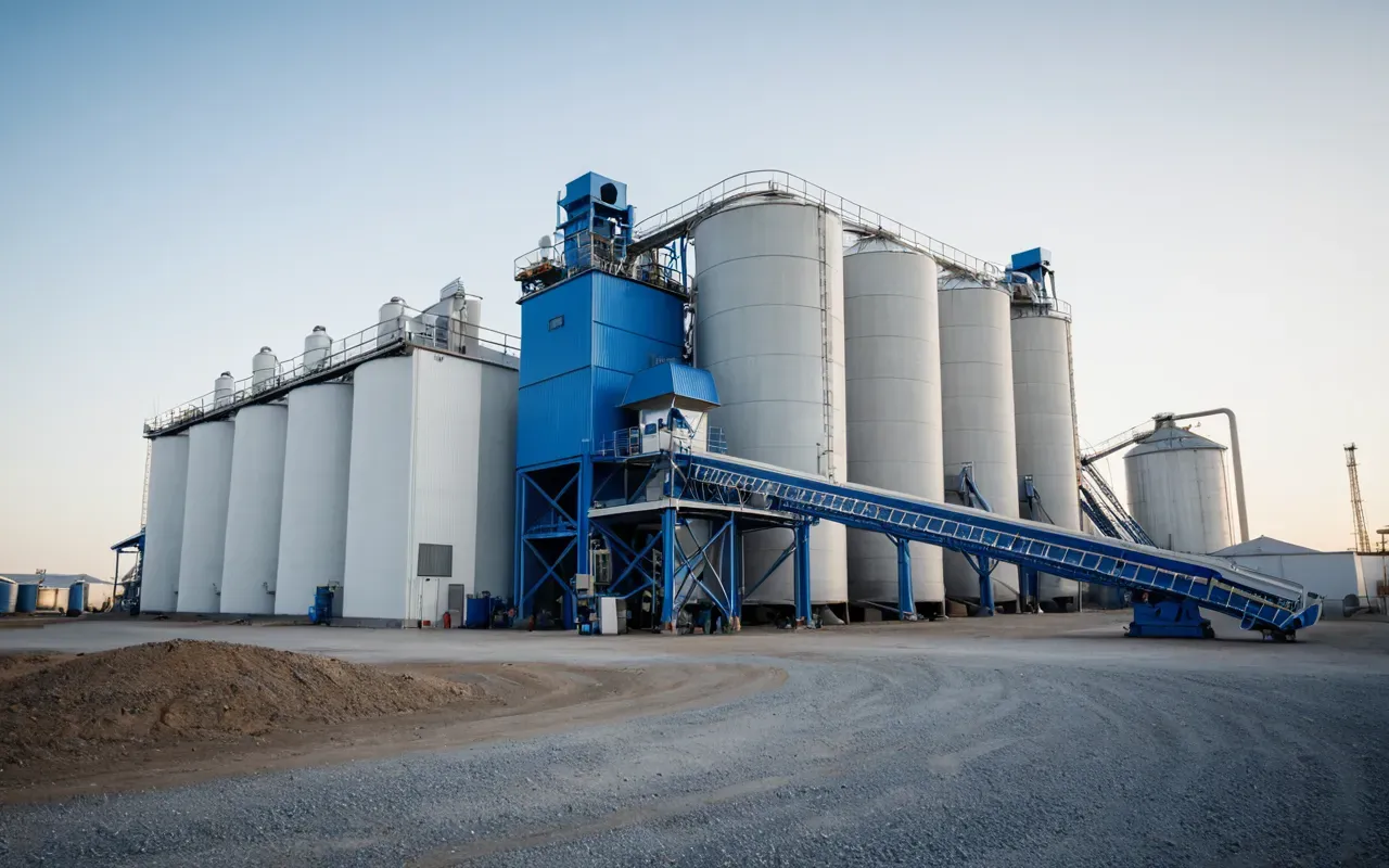 Wide shot of a modern concrete batching plant exterior with clean white silos and blue machinery under bright daylight