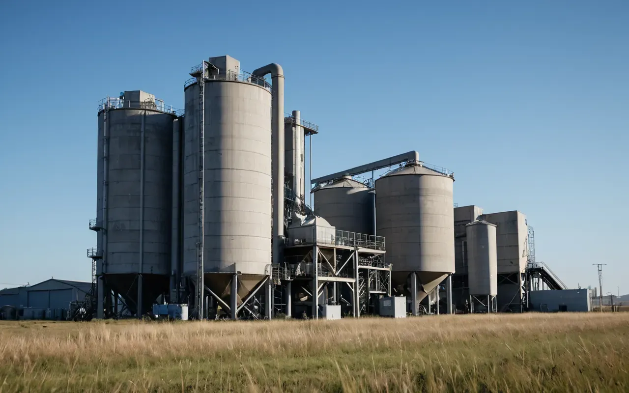 concrete batching plant exterior Wide shot of a modern concrete batching plant exterior under a clear blue sky with strong wind effects visible in the dust particles and bent grass blades around the facility base.