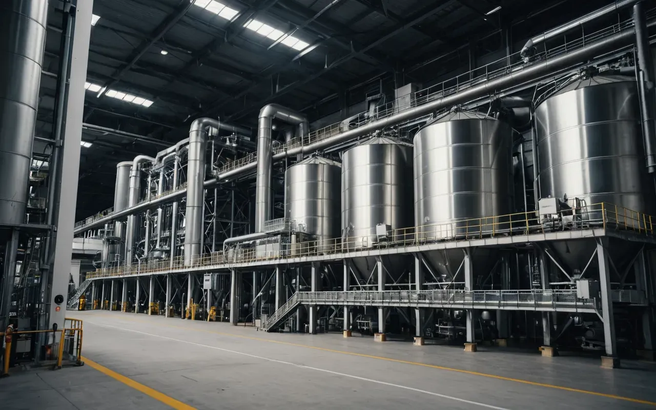 Wide shot of a modern industrial concrete plant interior with stainless steel silos and conveyor belts under bright artificial lighting showing clean automated machinery components without any visible text or labels