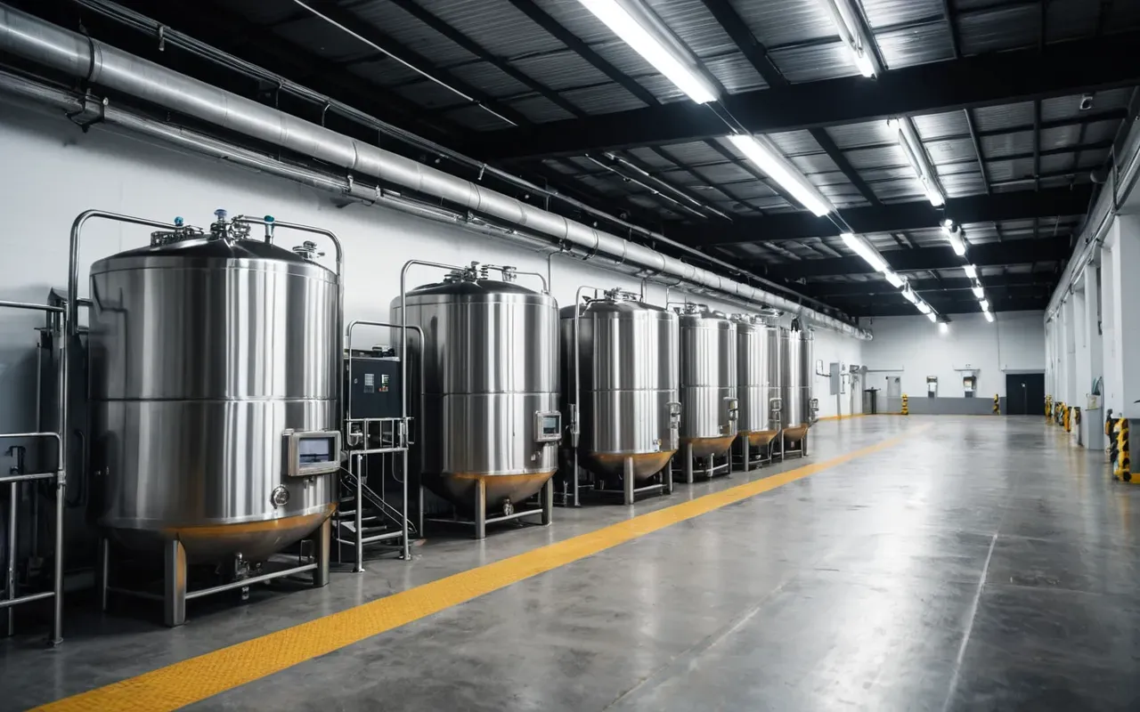 Wide shot of a modern industrial facility interior with stainless steel tanks and control panels under bright overhead lighting and clean concrete floors