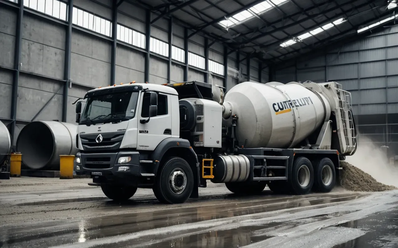 Wide shot of concrete mixer truck loading at an industrial facility with wet cement flowing into the drum, grey tones and dust in air