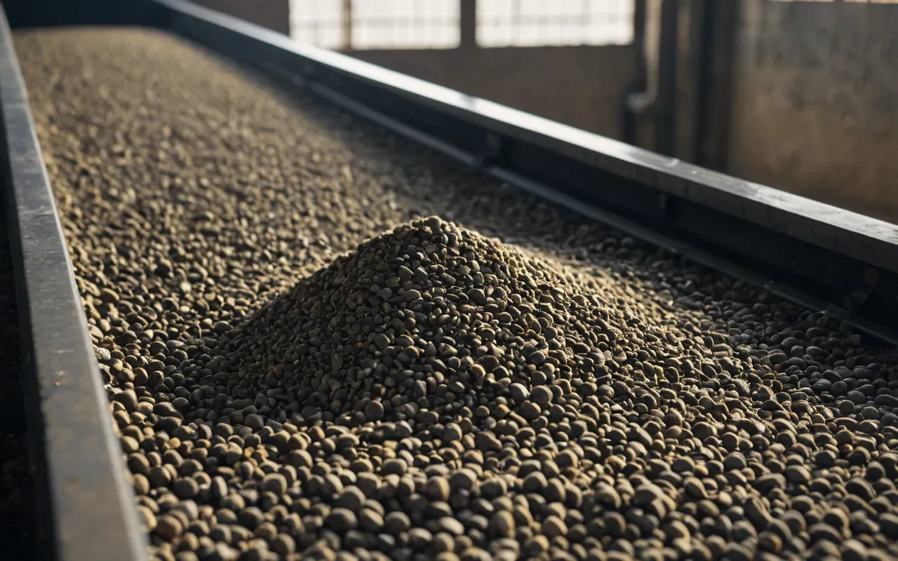 A close-up view of a heavy-duty industrial conveyor belt transporting aggregate materials. The machinery is coated in fine dust particles under harsh daylight conditions highlighting the gritty texture of the equipment.