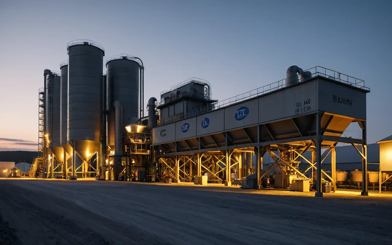 A close-up view of a modern industrial concrete batching plant at dusk with amber warning lights glowing softly above the aggregate bins and dust suppression systems active in the background.