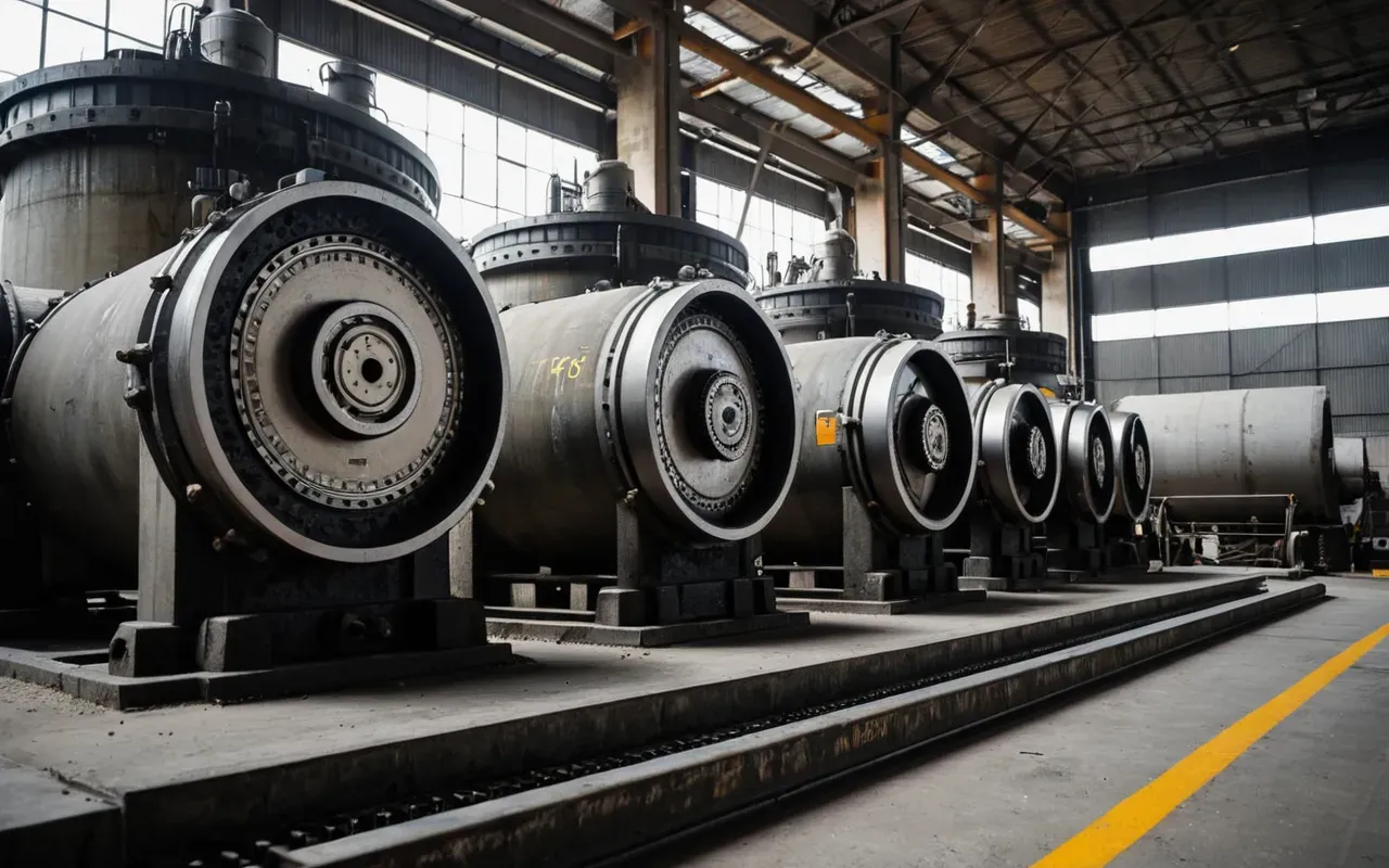 A close-up view of industrial mixing drums and mechanical gears inside a concrete plant showing heavy metal components and hydraulic systems.