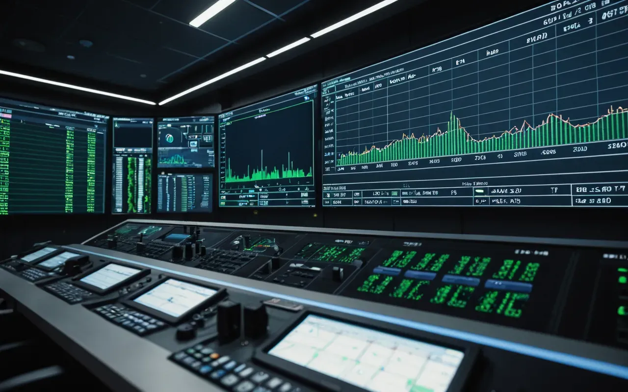 plant monitoring dashboard visuals A control room with large digital screens displaying real time data graphs. The interface is clean and modern showing blue and green lines without any readable text or labels.