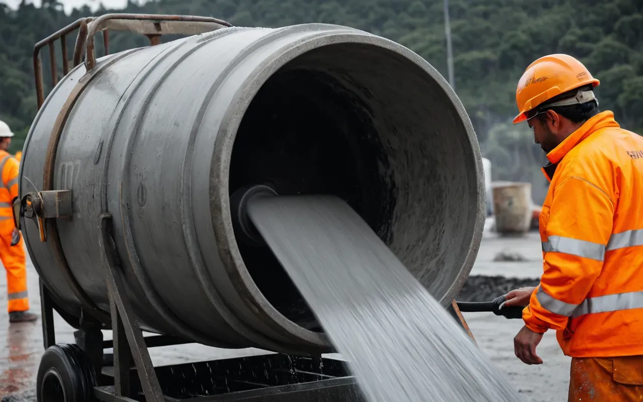 A detailed view of a concrete mixer drum in motion with wet grey material swirling inside and a worker in high visibility orange safety gear standing nearby observing the operation under bright industrial lighting.
