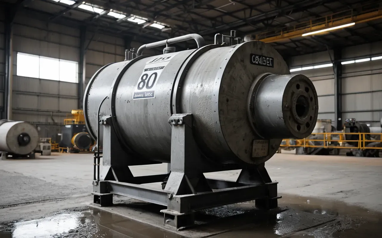 A heavy-duty mixer drum in a modern concrete plant with wet grey mixture rotating slowly inside, showing the texture of the blend under bright industrial lights.