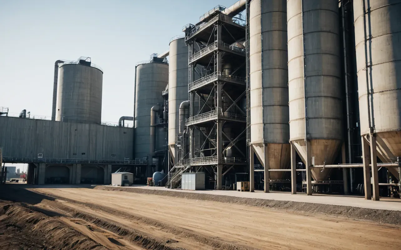 A massive industrial concrete batching plant with large cylindrical silos and a complex network of pipes and metal walkways under bright daylight.