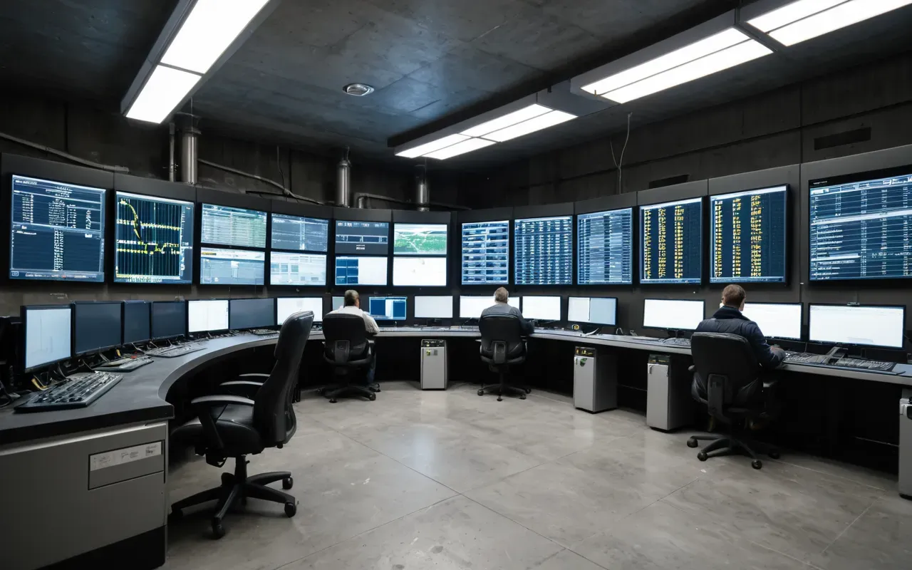 A modern concrete batching plant control room with an operator monitoring digital screens showing real-time mixture data under bright industrial lighting