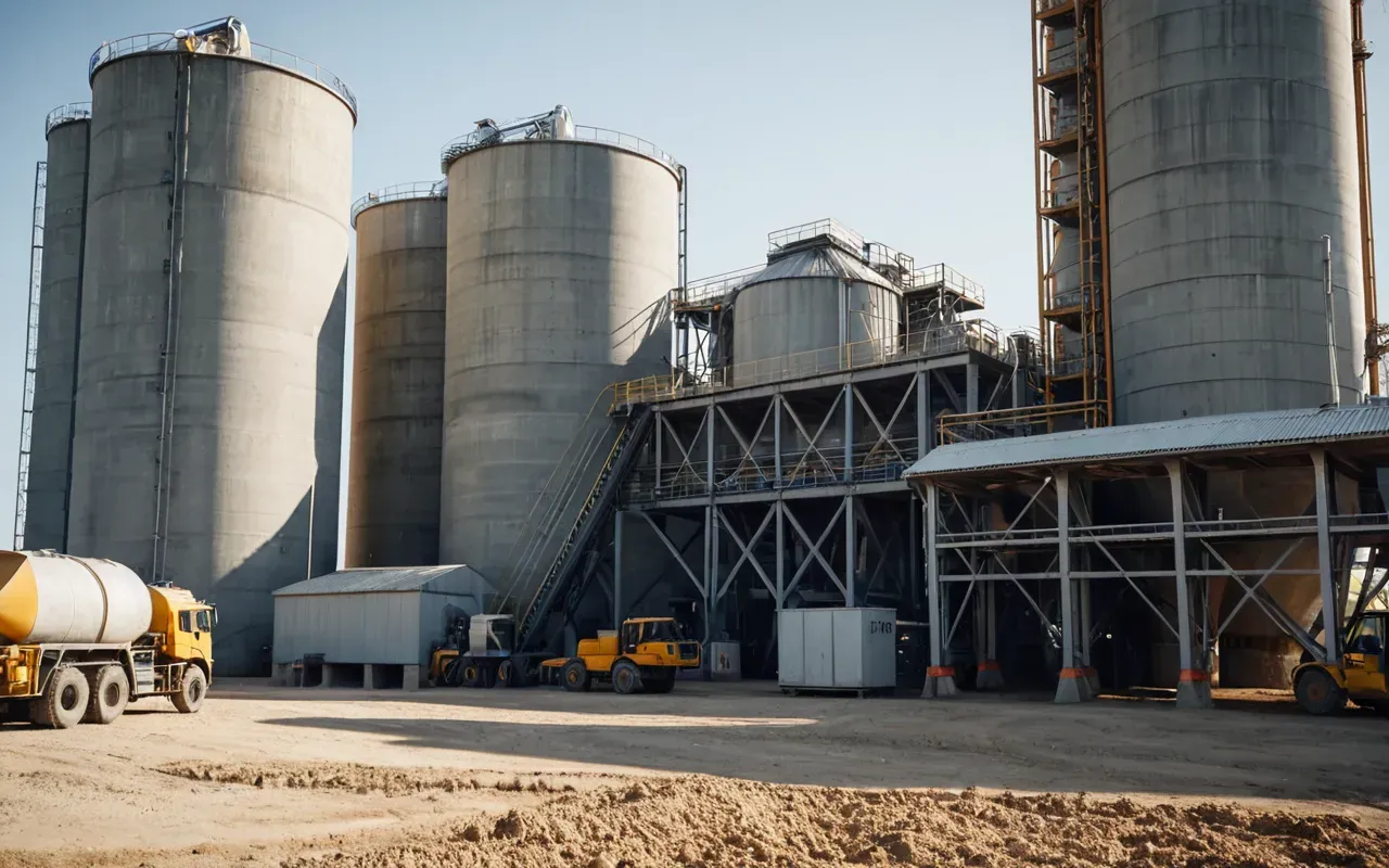 A modern concrete batching plant with large industrial silos and mixers operating under bright sunlight. The scene shows heavy equipment in a dusty environment with visible particulate matter floating in the air near residential buildings.