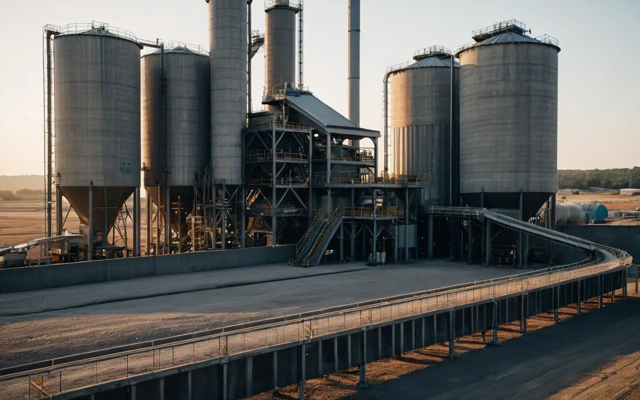 A photo-realistic wide shot of a modern concrete batching plant facility in operation during late afternoon. Tall silos and conveyor belts are visible against an orange sky. Dust particles are faintly illuminated by the setting sun, creating a hazy atmosphere over the industrial equipment.