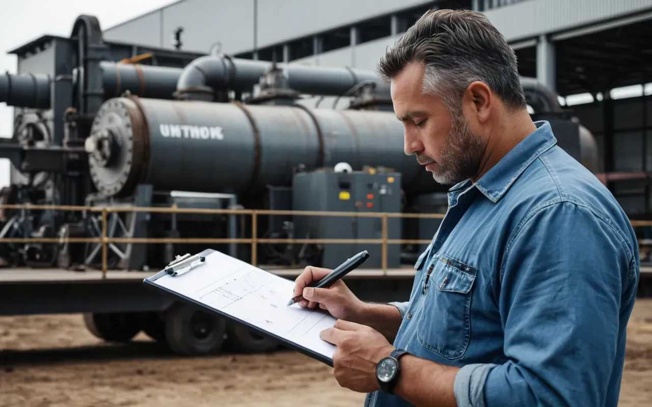 contractor equipment review A professional contractor reviewing detailed technical drawings and data on a clipboard near a large piece of industrial machinery. The setting is an outdoor yard with gravel ground and clear blue sky.